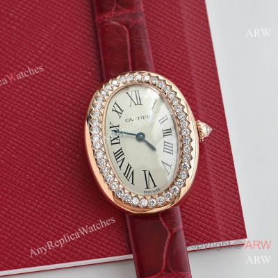 High Quality Replica CARTIER BAIGNOIRE Red American Imported Crocodile Leather Strap Silver-Plated Face Dial Gold Electroplated Stainless Steel Case Watch 32mm